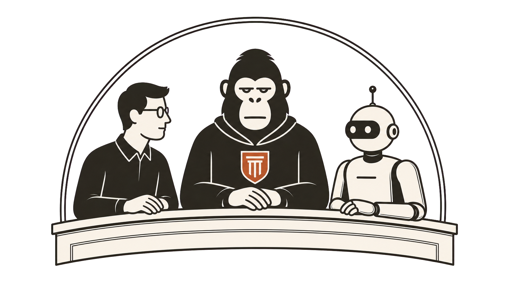 A deadpan ape seated between a human and a robot at a council bench